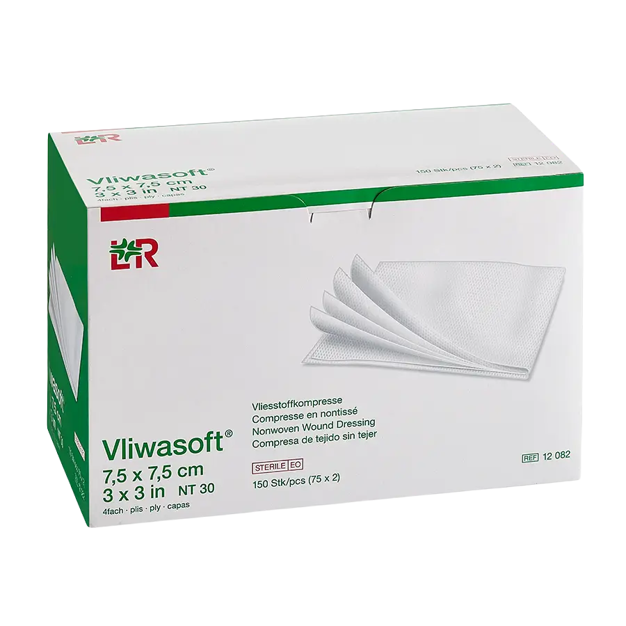 Vliwasoft Vliesstoffkompresse, steril, 4-lagig, 7,5 x 7,5 cm, paarweise eingesiegelt