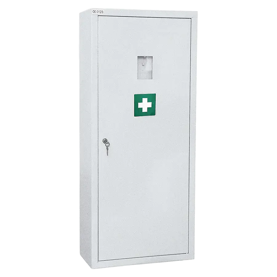 Stehschrank Typ 1710 weiß Krankentrage 2 x klappbar mit Notschlüsselfach